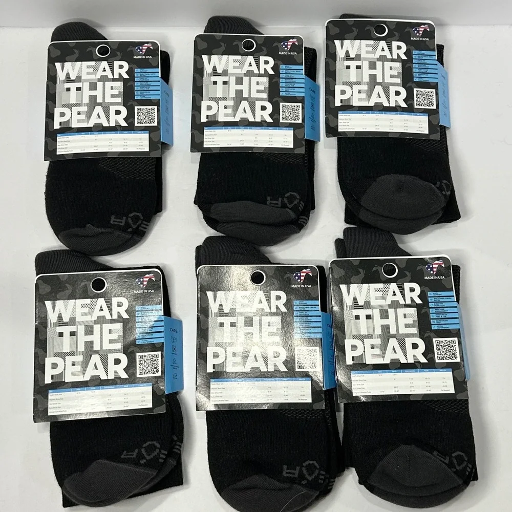 Pear Sox Adult Performance Crew Socks Black Grey Made in USA 6 Pair Lot Adult L